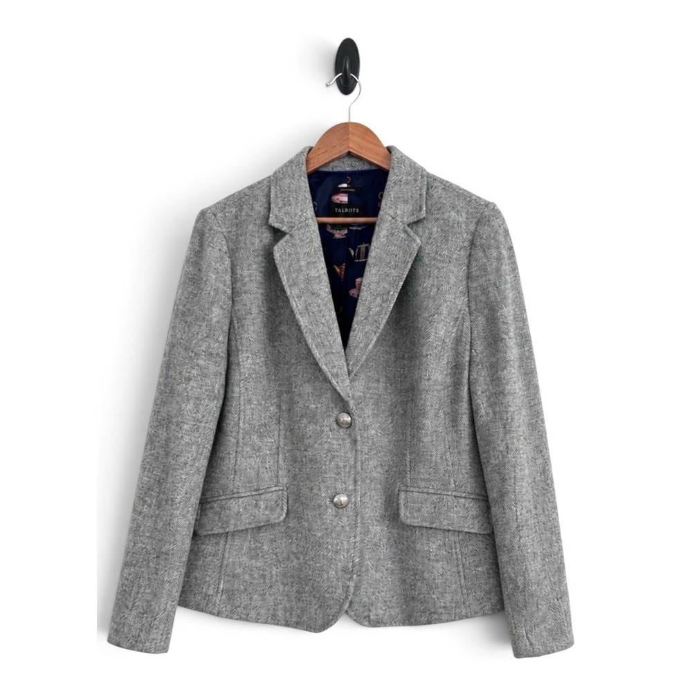 Talbots Women's 14 Gray Wool Blend Long Sleeve Tea Lined Tweed Aberdeen Blazer